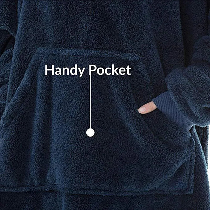 Navy blue robe with a labeled handy pocket