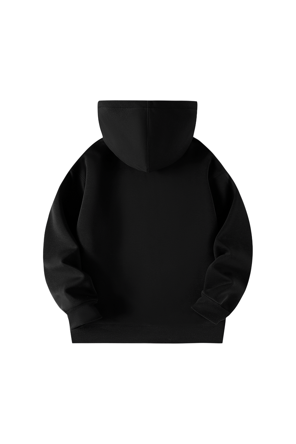 A black zip-up hoodie shown from the back, photographed against a solid white background.