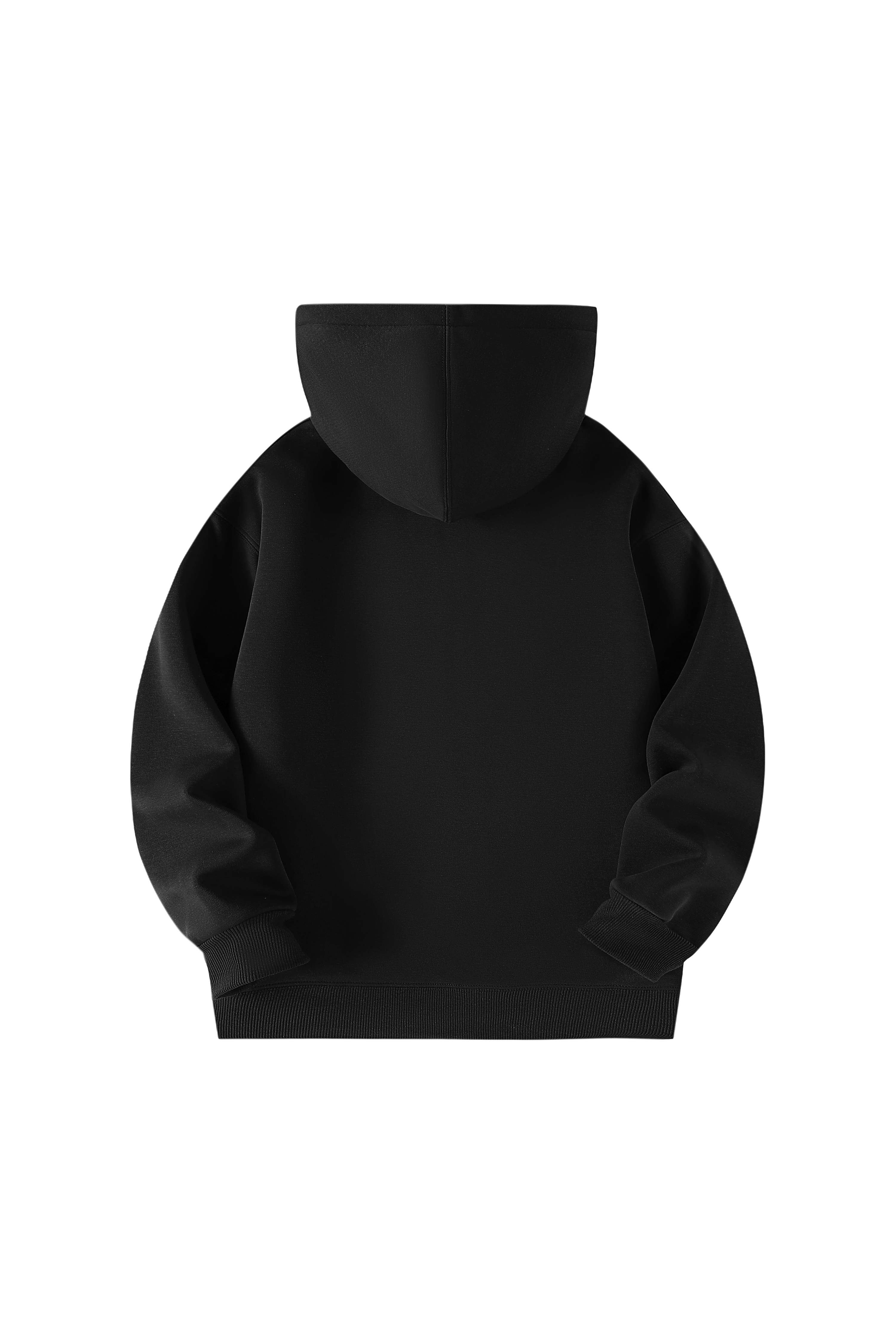 A black zip-up hoodie shown from the back, photographed against a solid white background.