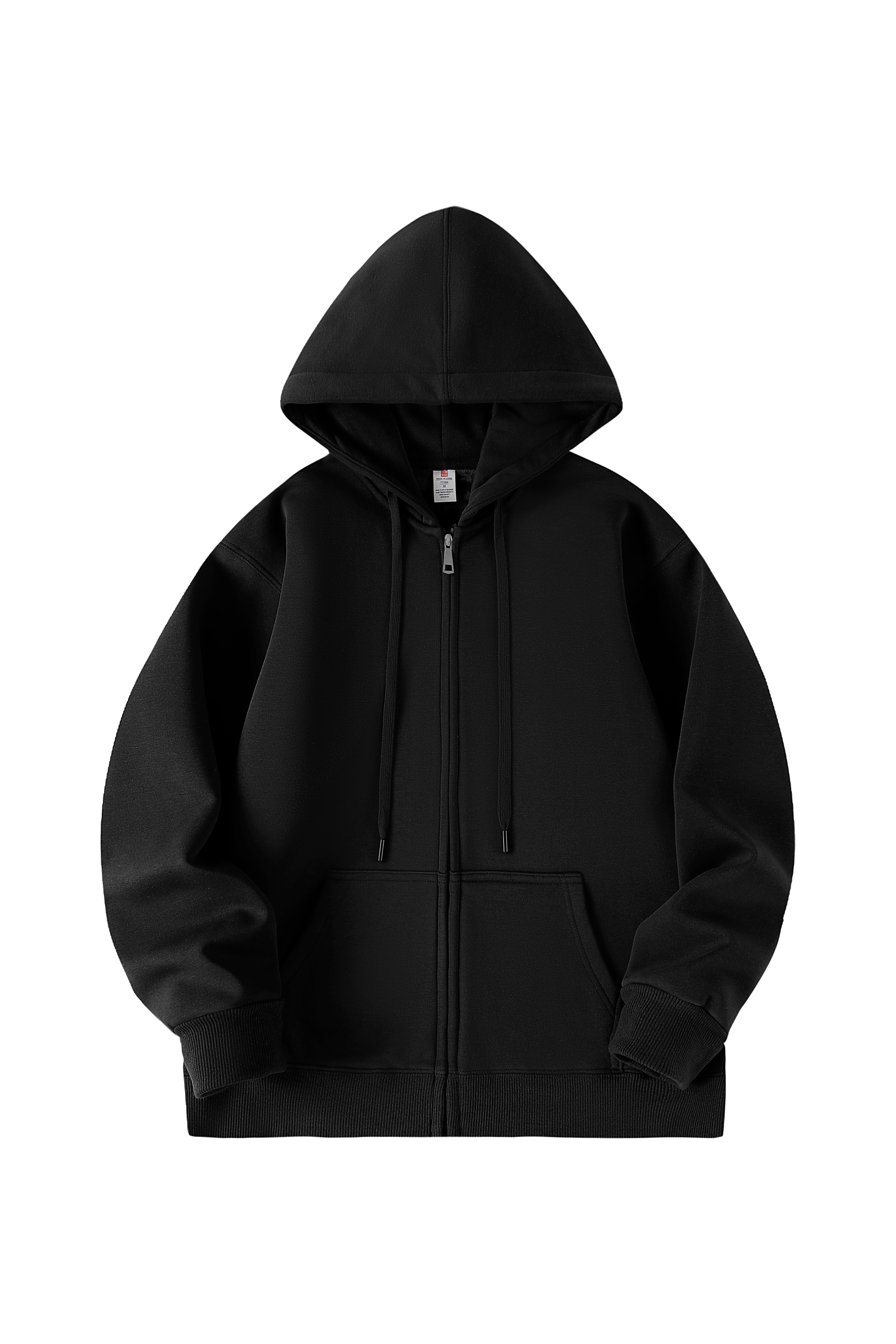 A black zip-up hoodie with a drawstring hood and front pockets, photographed flat against a solid white background.