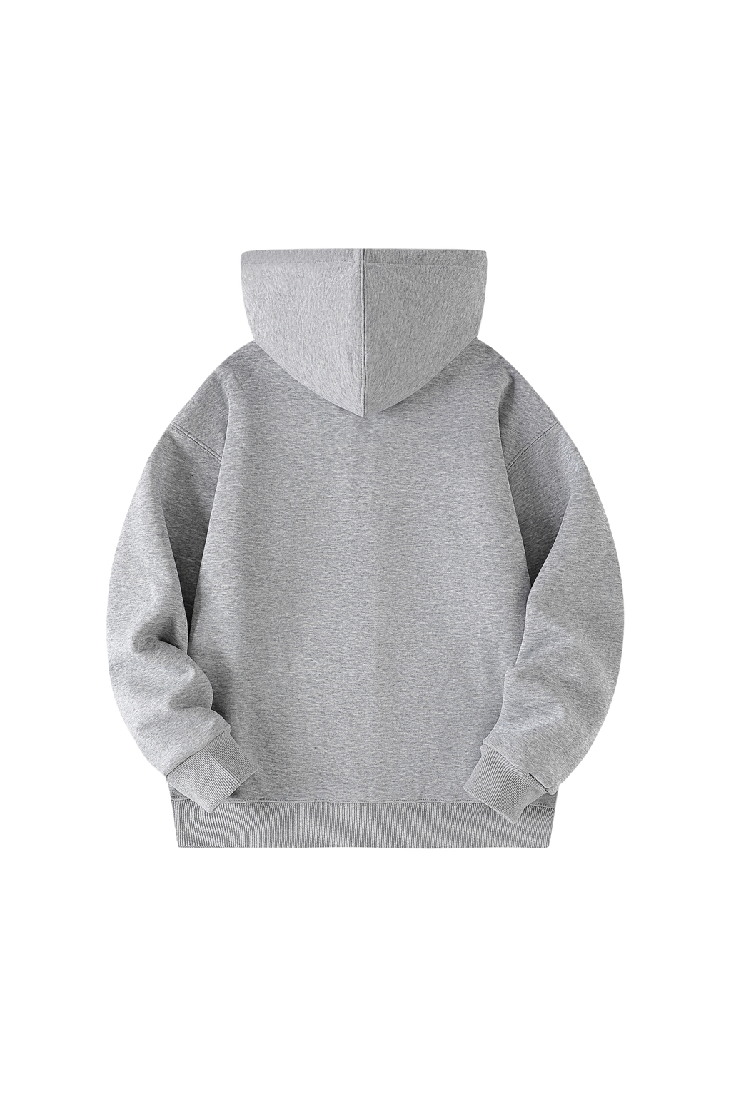 A light gray heathered hoodie shown from the back, photographed flat against a solid white background.