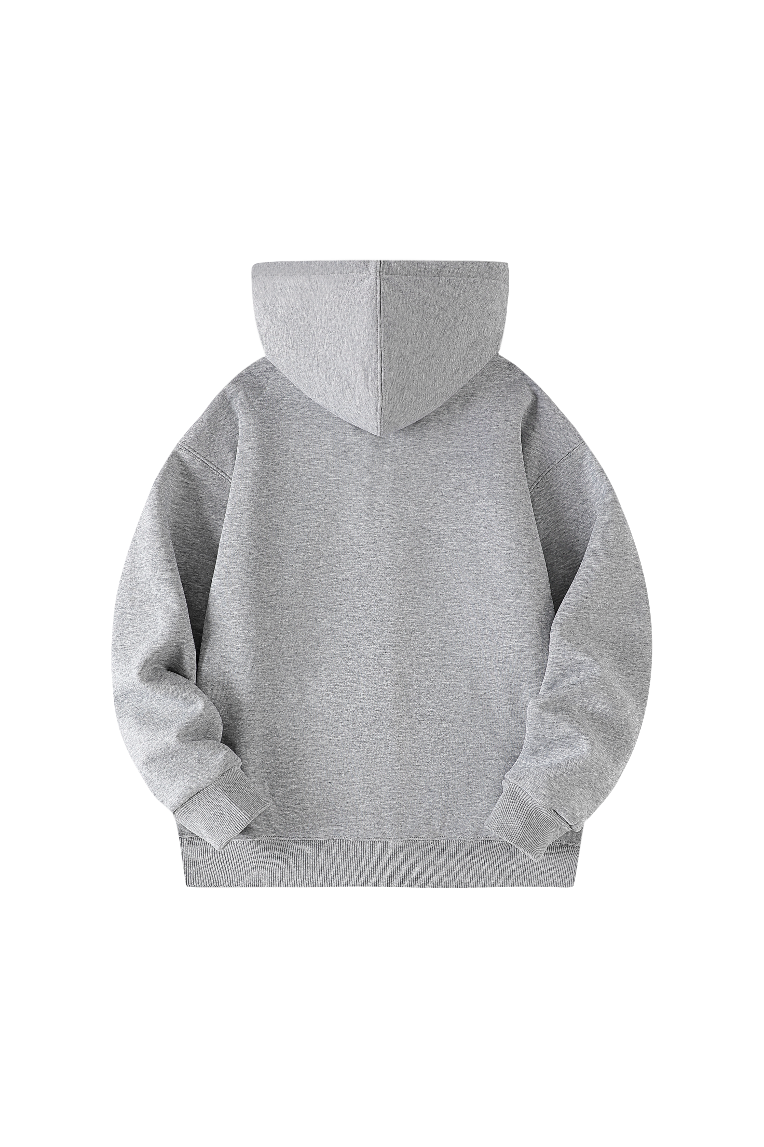 A light gray heathered hoodie shown from the back, photographed flat against a solid white background.