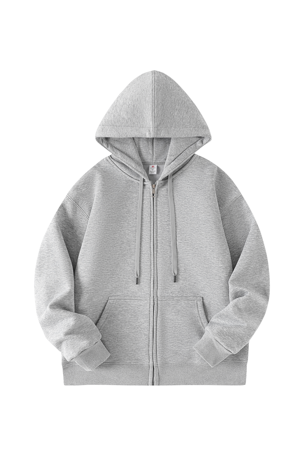 A light gray zip-up hoodie with a drawstring hood and front kangaroo pockets, shown flat against a solid white background.