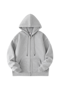 A light gray zip-up hoodie with a drawstring hood and front kangaroo pockets, shown flat against a solid white background.
