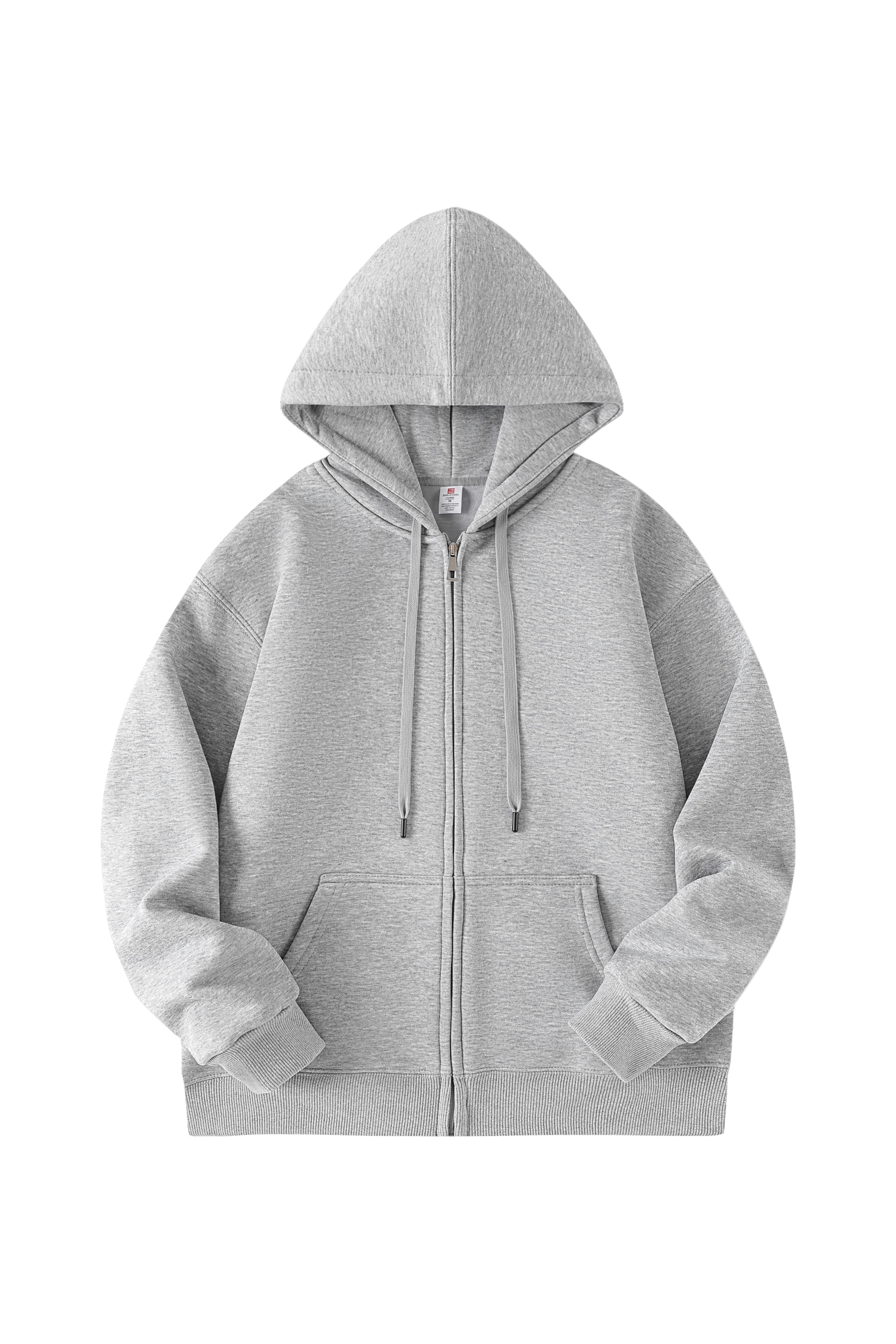 A light gray zip-up hoodie with a drawstring hood and front kangaroo pockets, shown flat against a solid white background.