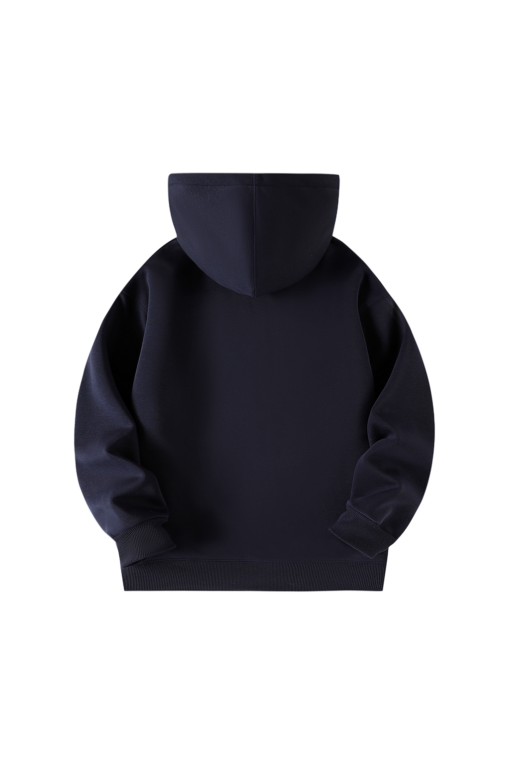 A dark navy blue pullover hoodie shown from the back, photographed against a solid white background.