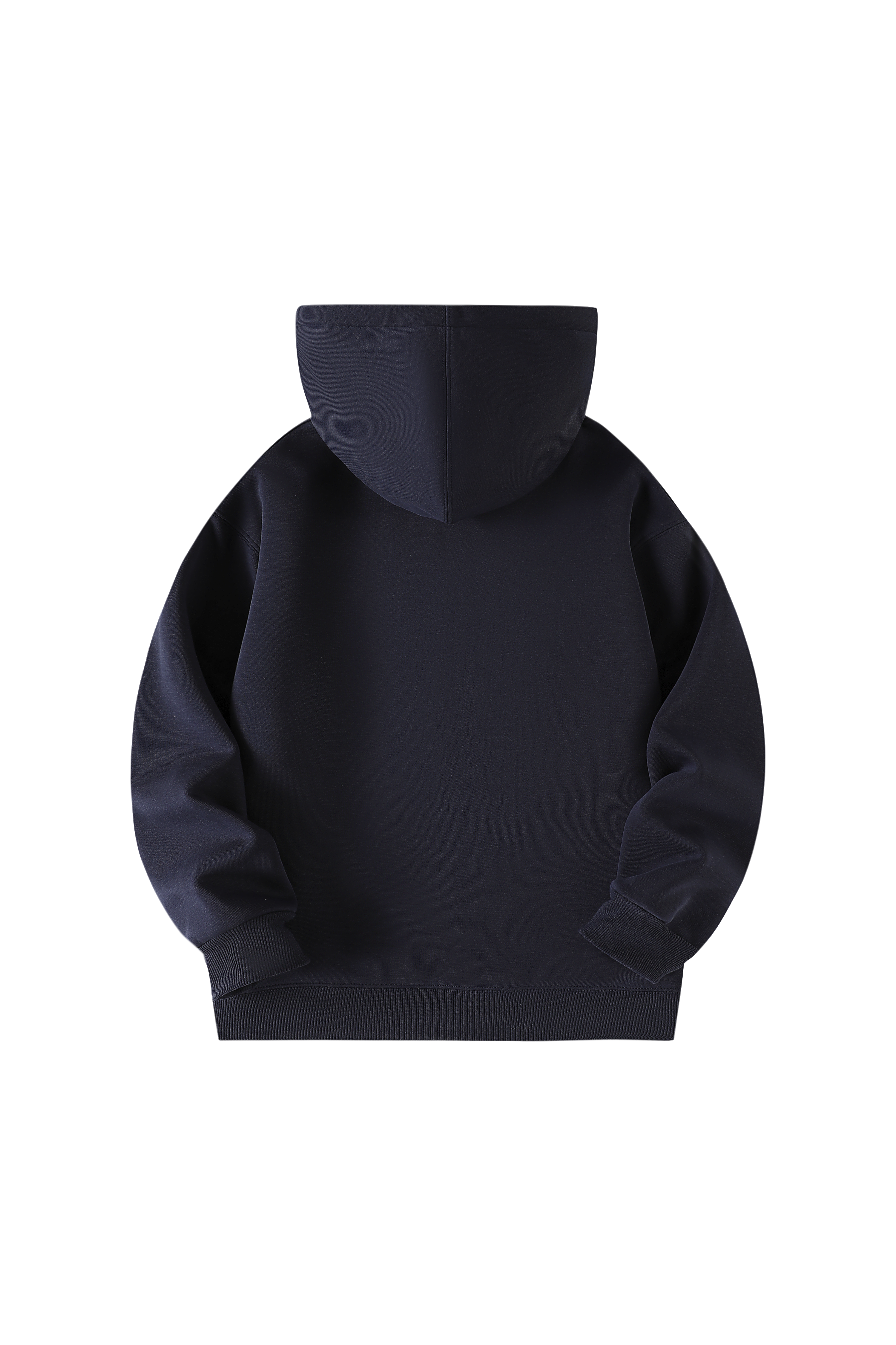 A dark navy blue pullover hoodie shown from the back, photographed against a solid white background.