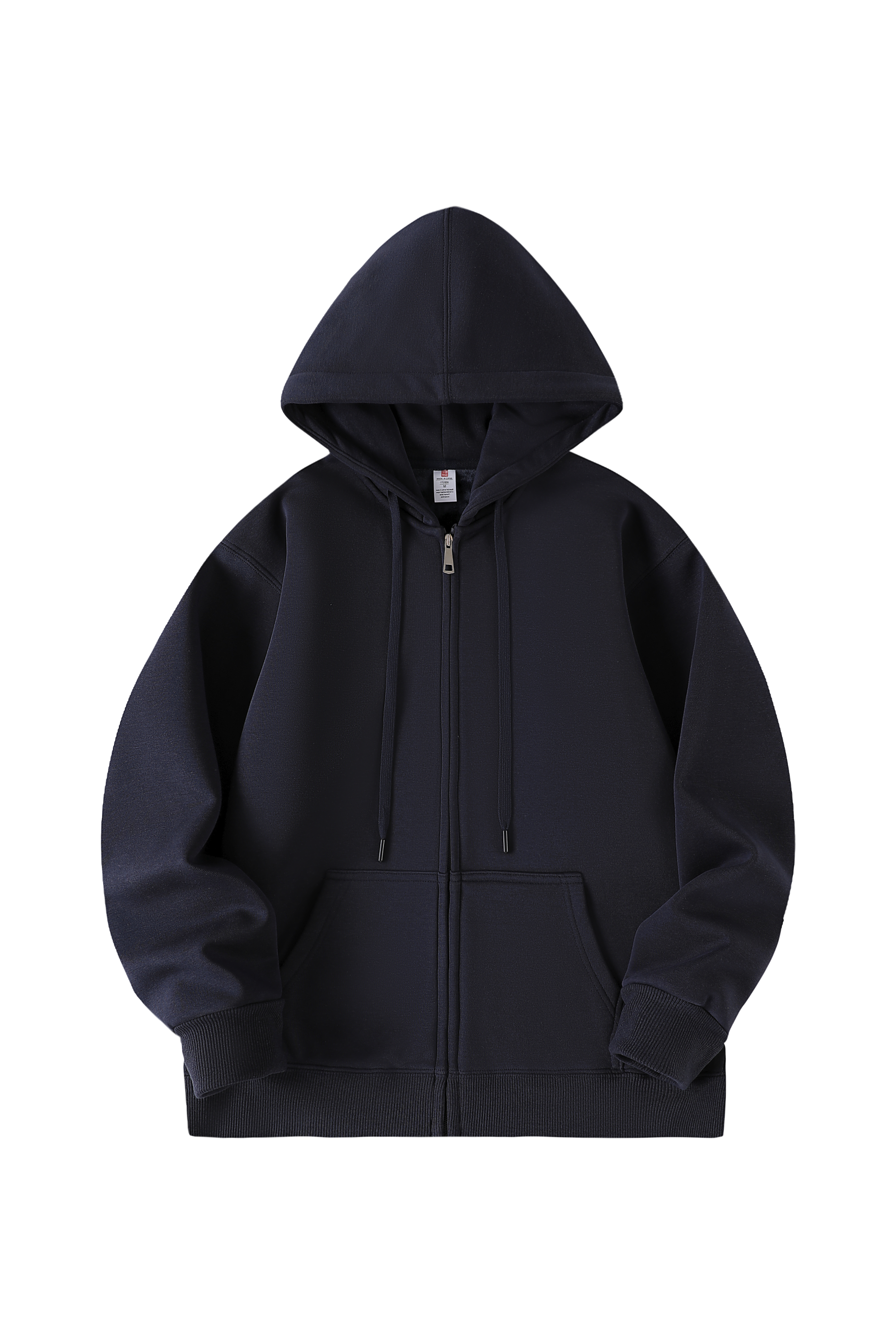 A dark navy blue zip-up hoodie with a drawstring hood and front pockets, shown flat against a solid white background.