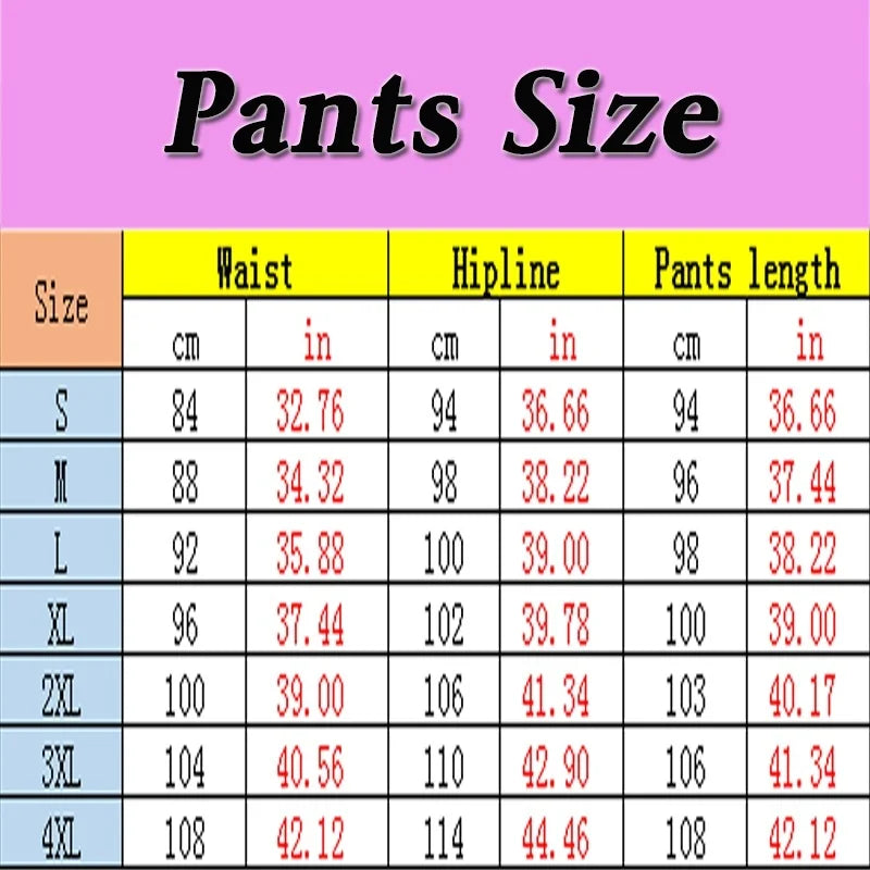 Pants size chart with measurements in centimeters and inches on a pink background