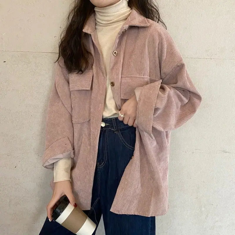 Women’s Mid-Length Corduroy Shirt Jacket – Casual Autumn Winter Outerwear