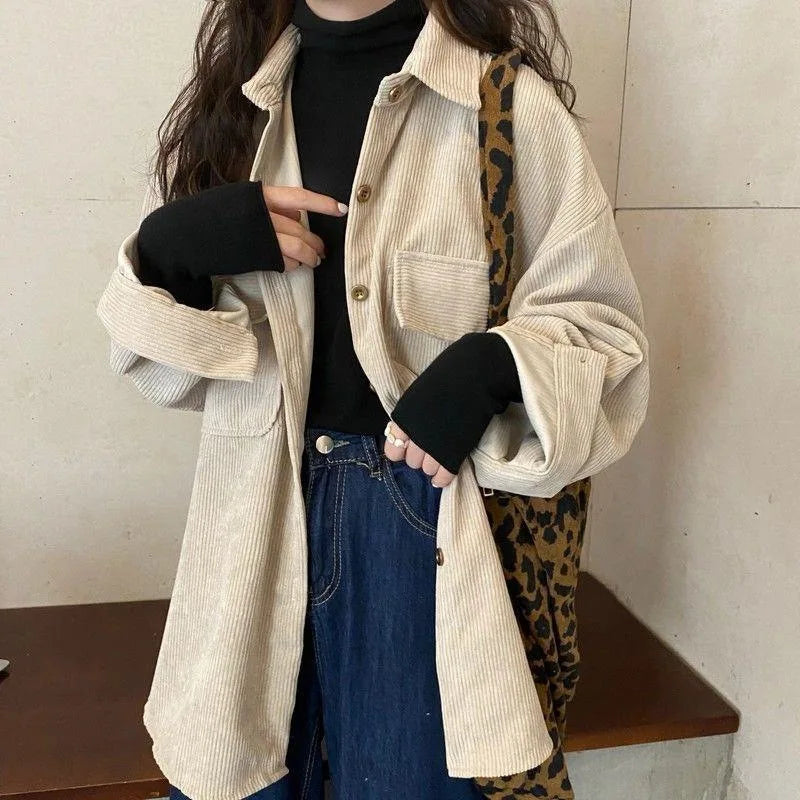 Women’s Mid-Length Corduroy Shirt Jacket – Casual Autumn Winter Outerwear
