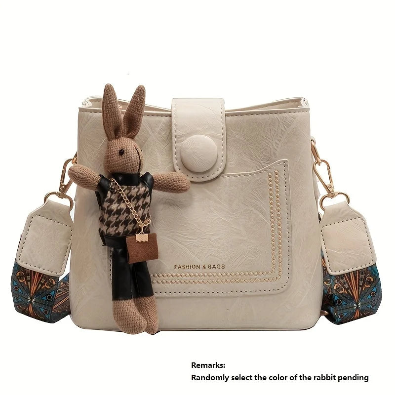 Vintage Faux Leather Crossbody Bag with Wide Strap & Bunny Charm