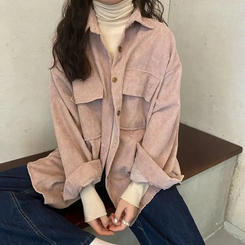 Women’s Mid-Length Corduroy Shirt Jacket – Casual Autumn Winter Outerwear
