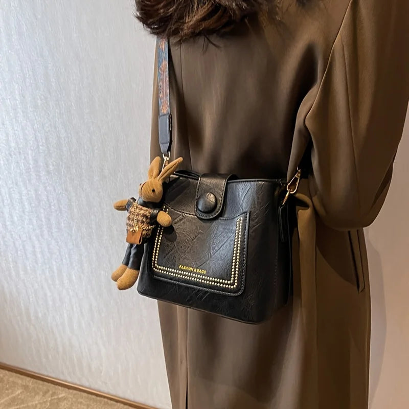 Vintage Faux Leather Crossbody Bag with Wide Strap & Bunny Charm