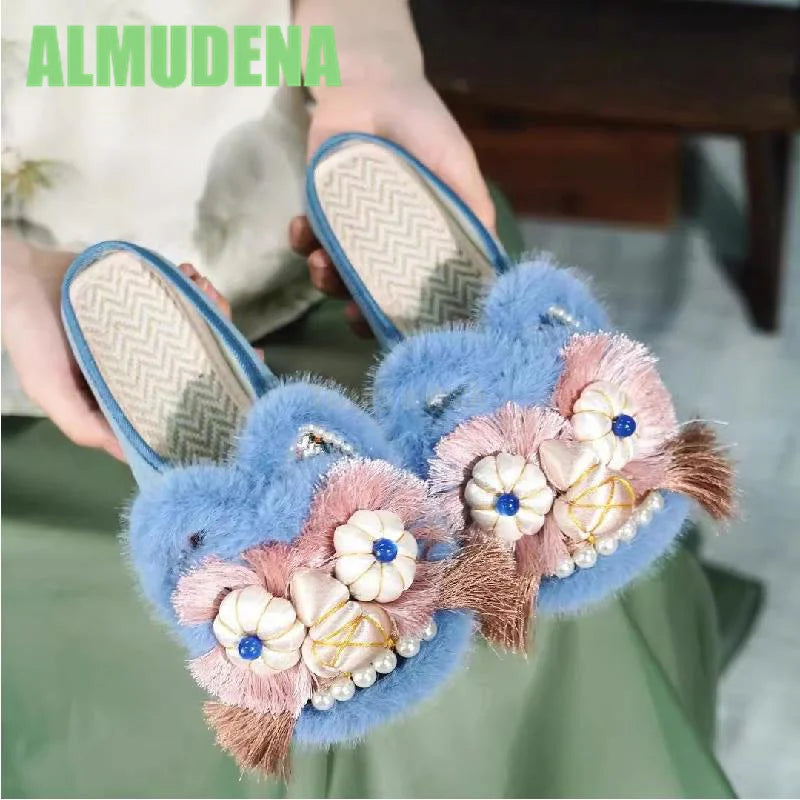 Women’s Chinese-Style Tiger Head Embroidered Slip-On Mules
