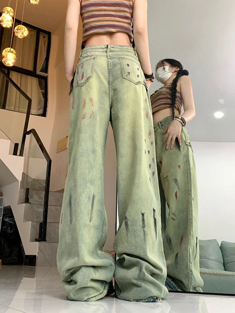 Women’s Retro Paint-Splatter Low-Rise Wide-Leg Jeans