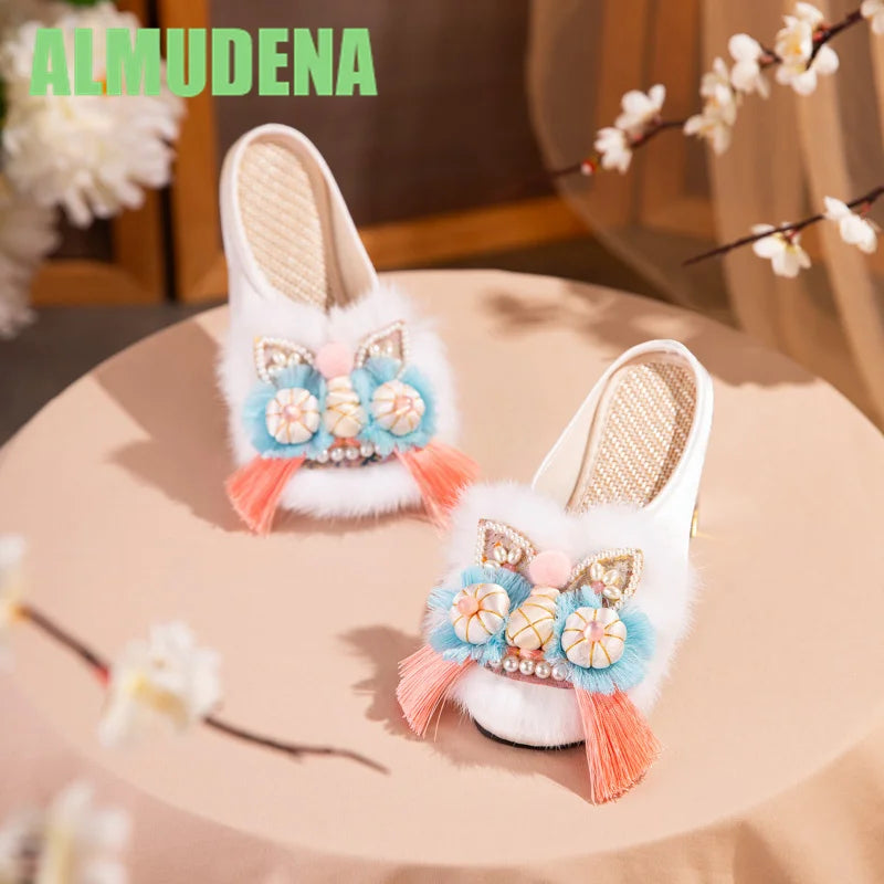 Women’s Chinese-Style Tiger Head Embroidered Slip-On Mules