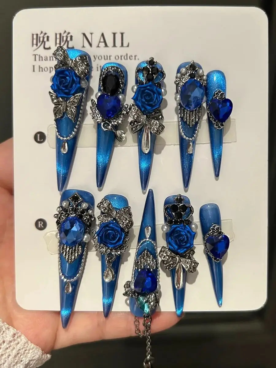 Vibrant Blue Stiletto Press-On Nails with 3D Rose & Chain – 10PCS