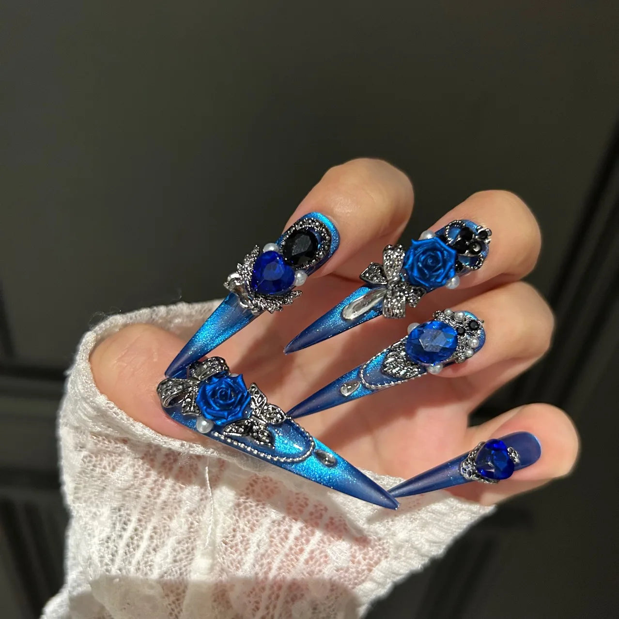 Vibrant Blue Stiletto Press-On Nails with 3D Rose & Chain – 10PCS