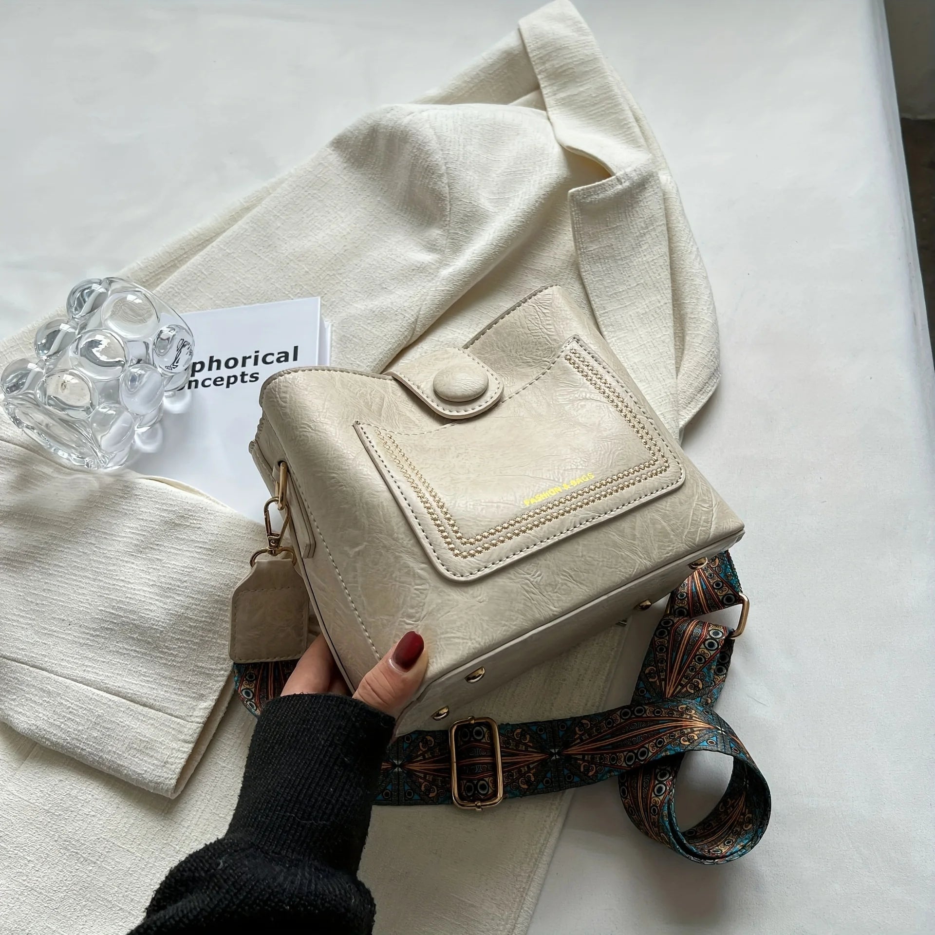 Vintage Faux Leather Crossbody Bag with Wide Strap & Bunny Charm