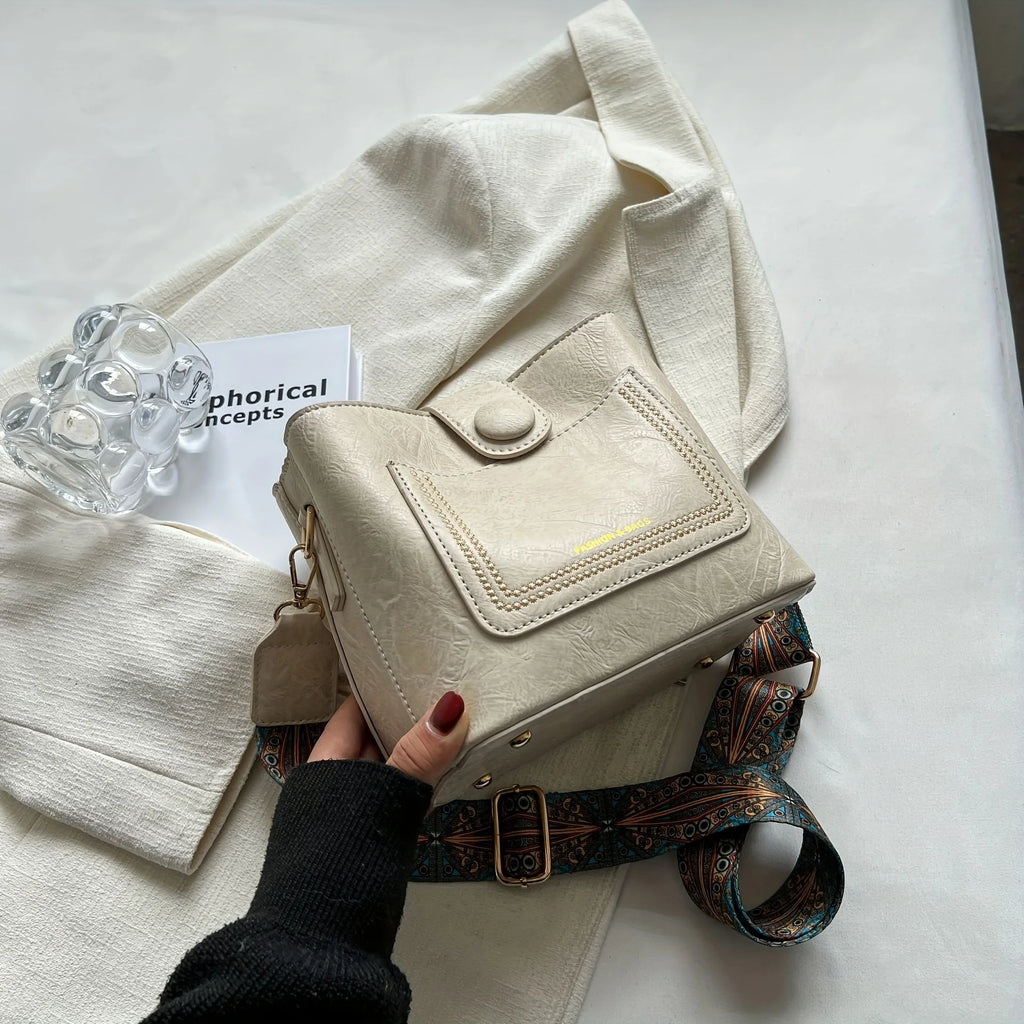 Vintage Faux Leather Crossbody Bag with Wide Strap & Bunny Charm