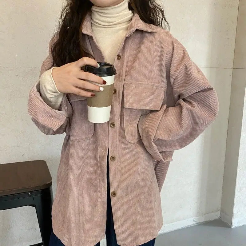 Women’s Mid-Length Corduroy Shirt Jacket – Casual Autumn Winter Outerwear