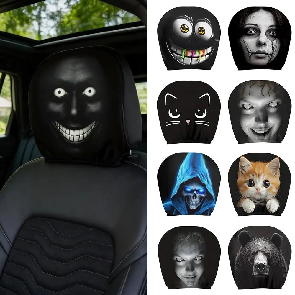2PCS Scary Face Car Headrest Covers – Universal Elastic Black Seat Protectors