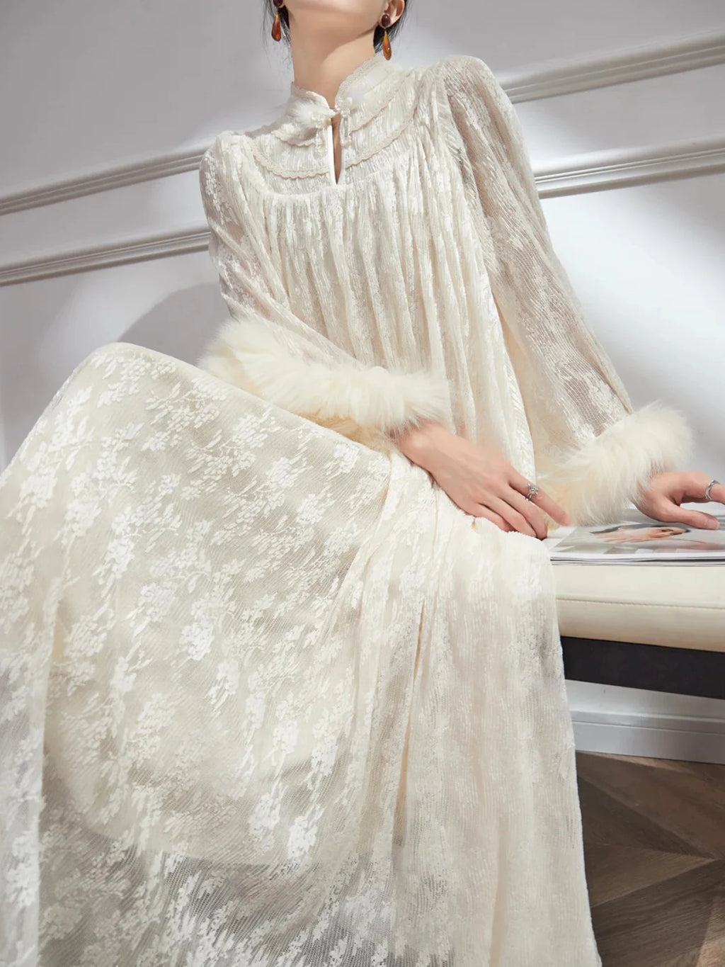 Women’s Chinese-Inspired Embroidered Faux Fur Trim Winter Dress