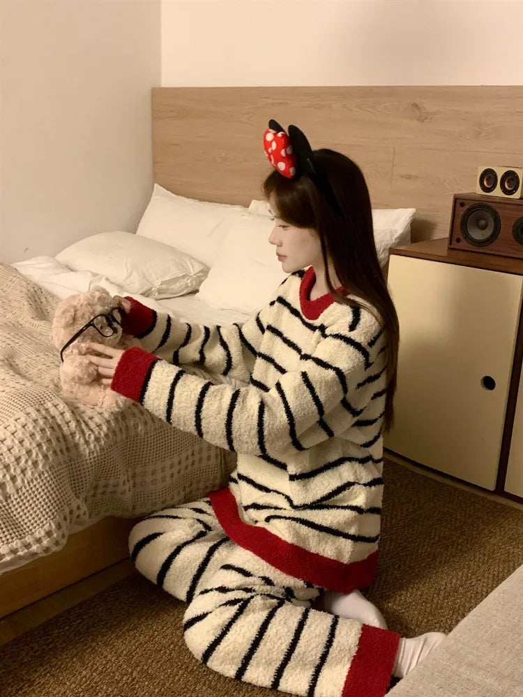 Women's Cozy Striped Coral Fleece Pajama Set