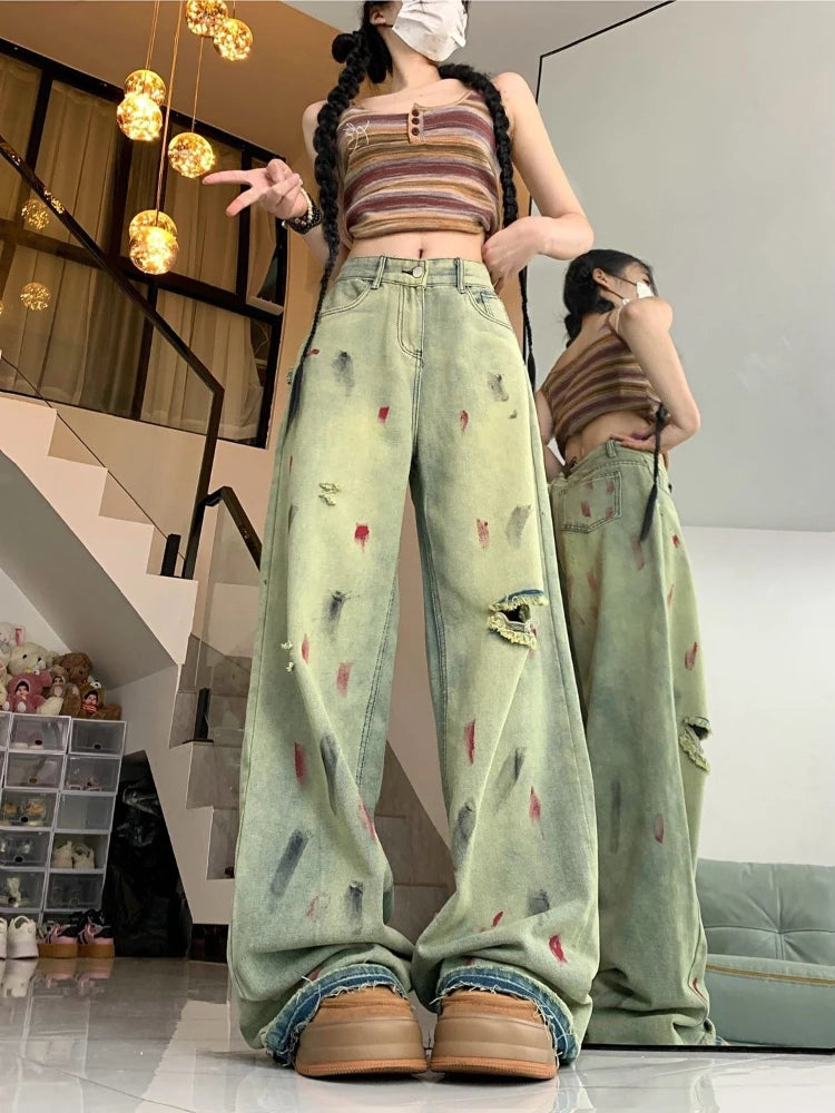 Women’s Retro Paint-Splatter Low-Rise Wide-Leg Jeans