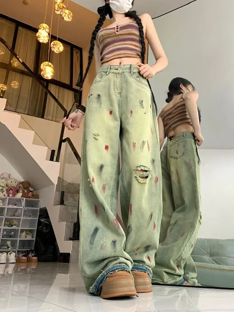 Women’s Retro Paint-Splatter Low-Rise Wide-Leg Jeans
