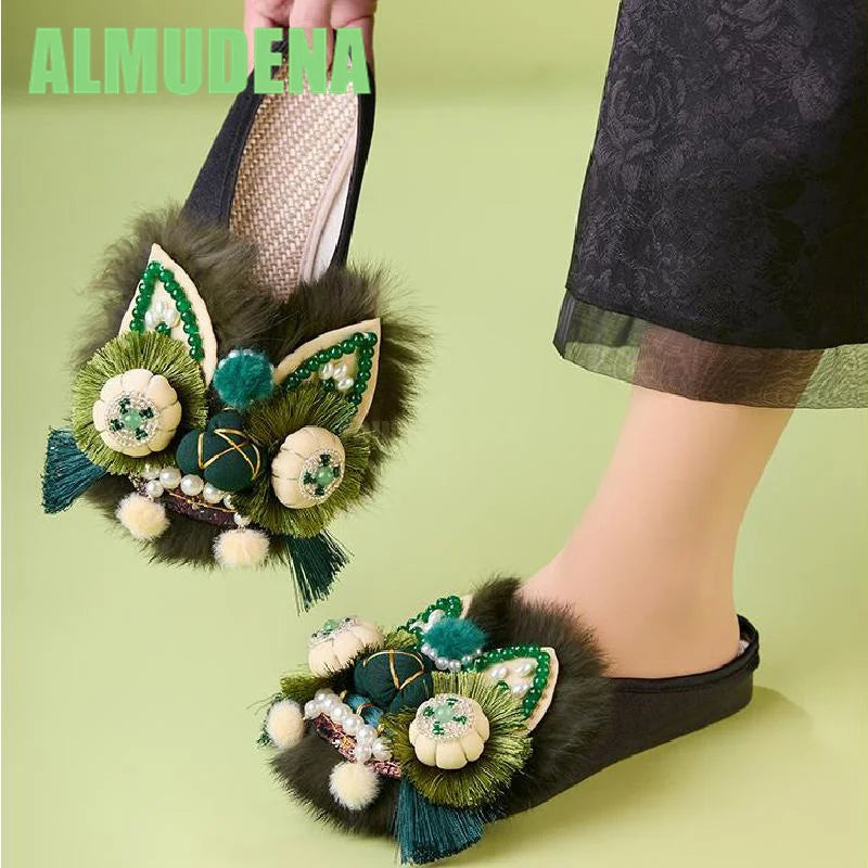 Women’s Chinese-Style Tiger Head Embroidered Slip-On Mules