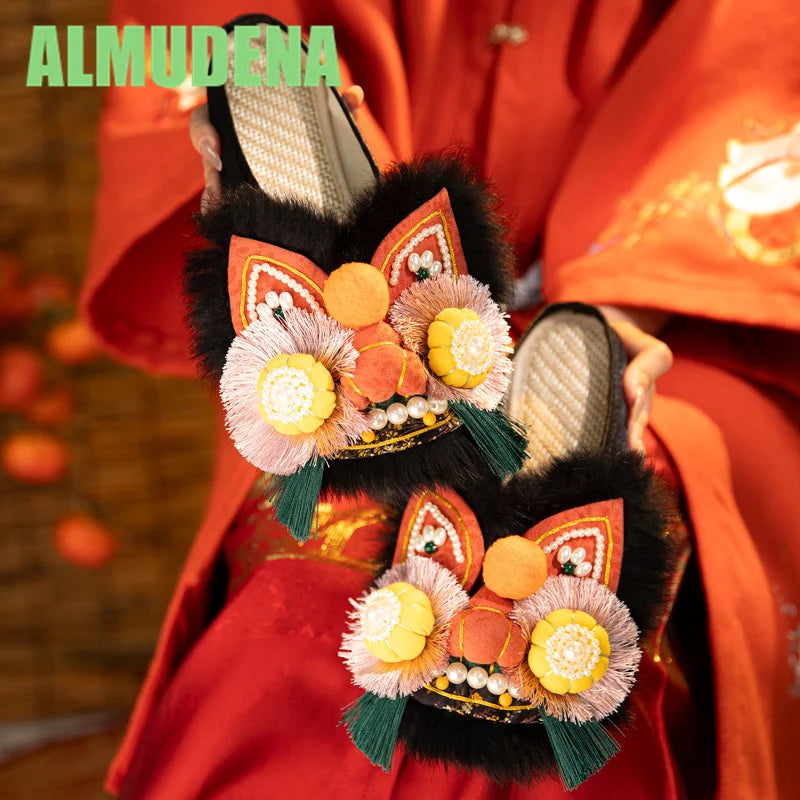 Women’s Chinese-Style Tiger Head Embroidered Slip-On Mules