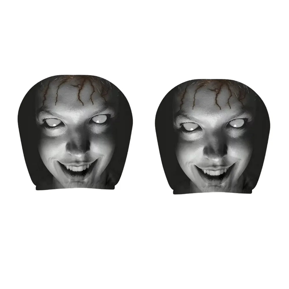 2PCS Scary Face Car Headrest Covers – Universal Elastic Black Seat Protectors