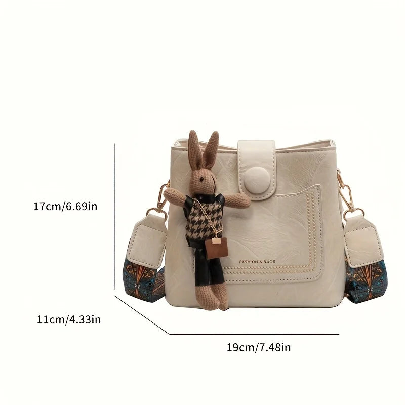 Vintage Faux Leather Crossbody Bag with Wide Strap & Bunny Charm