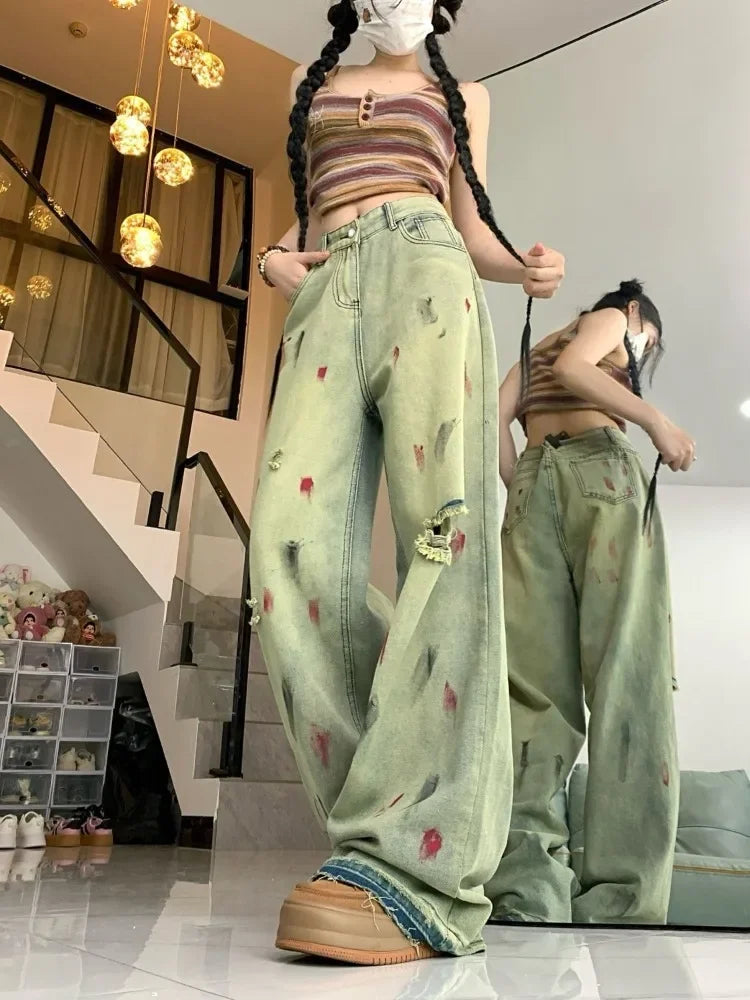 Women’s Retro Paint-Splatter Low-Rise Wide-Leg Jeans