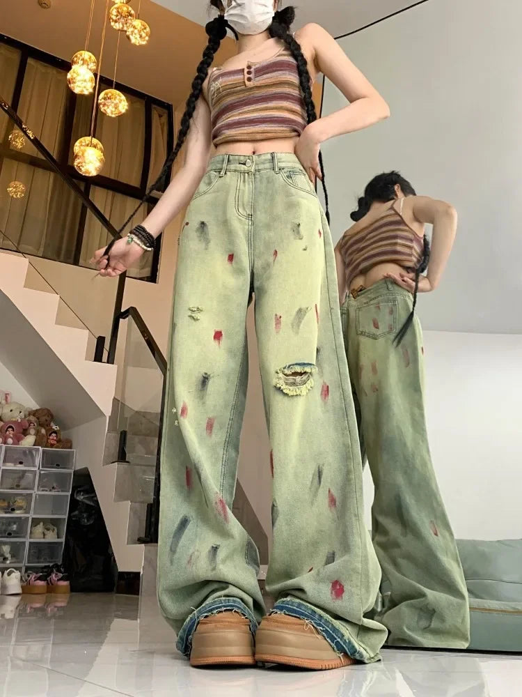 Women’s Retro Paint-Splatter Low-Rise Wide-Leg Jeans