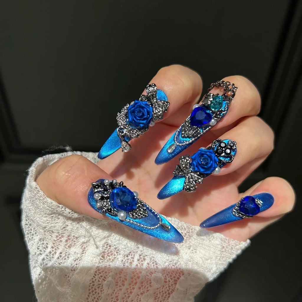 Vibrant Blue Stiletto Press-On Nails with 3D Rose & Chain – 10PCS