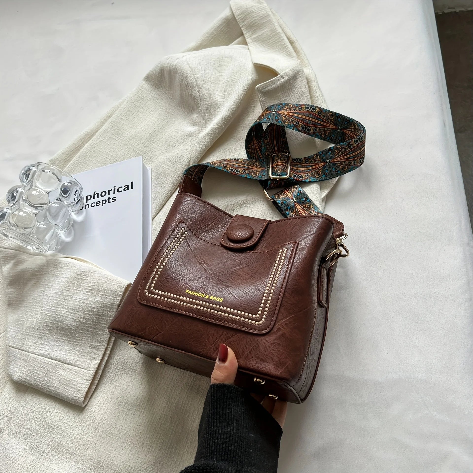 Vintage Faux Leather Crossbody Bag with Wide Strap & Bunny Charm