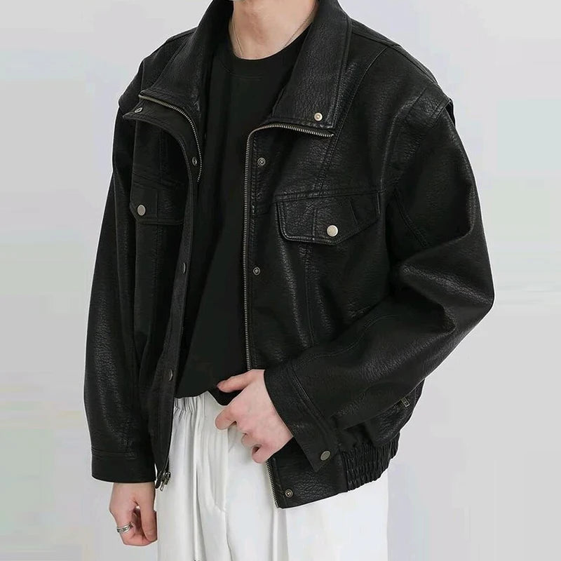 Men’s Vintage Black PU Leather Zip-Up Jacket