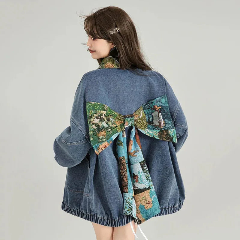 Women’s Cartoon Cat Denim Jacket with Lantern Sleeves