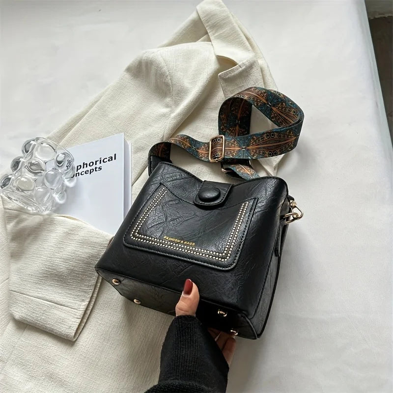 Vintage Faux Leather Crossbody Bag with Wide Strap & Bunny Charm