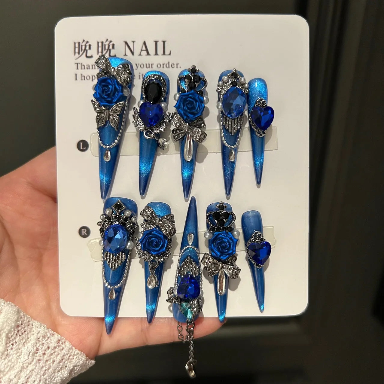 Vibrant Blue Stiletto Press-On Nails with 3D Rose & Chain – 10PCS