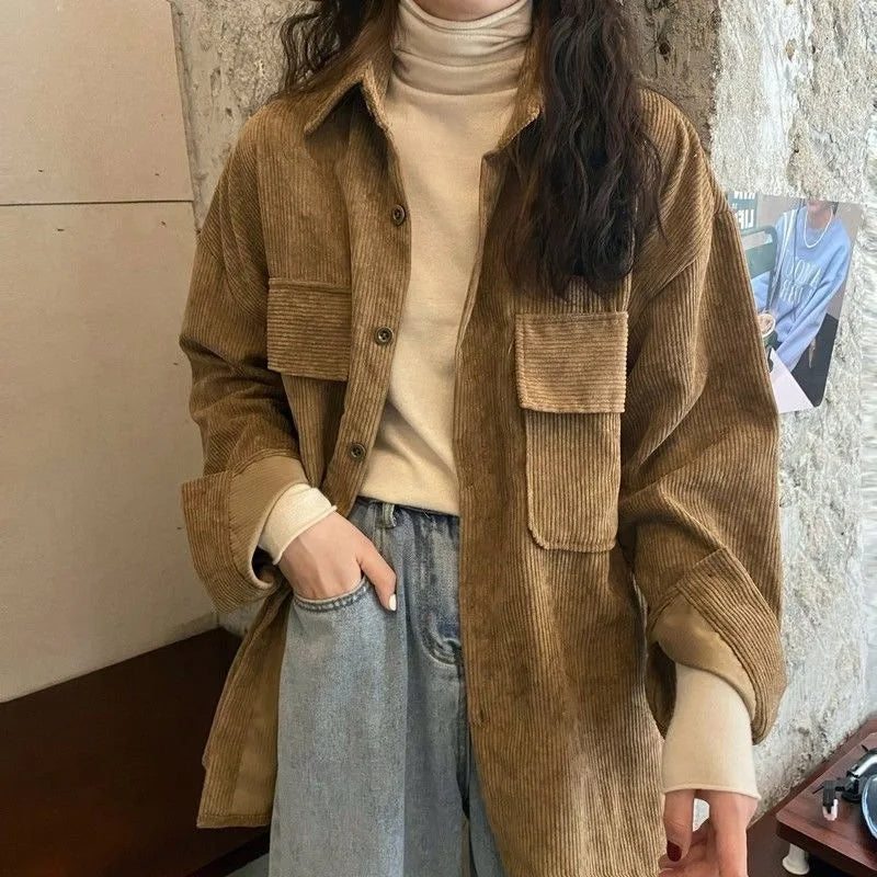 Women’s Mid-Length Corduroy Shirt Jacket – Casual Autumn Winter Outerwear