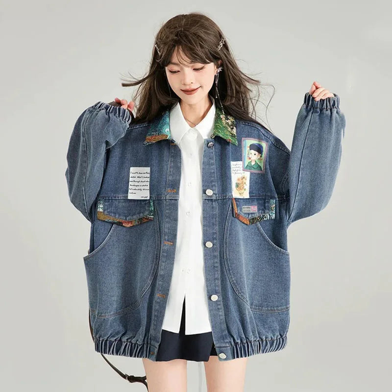 Women’s Cartoon Cat Denim Jacket with Lantern Sleeves