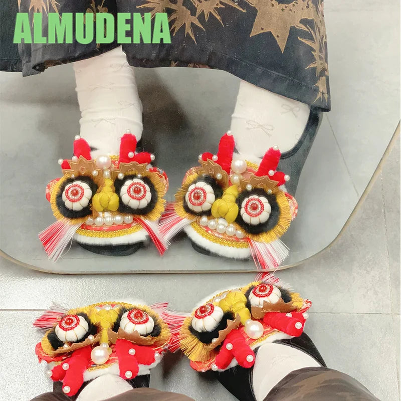 Women’s Chinese-Style Tiger Head Embroidered Slip-On Mules