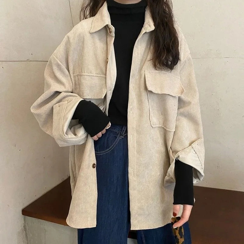 Women’s Mid-Length Corduroy Shirt Jacket – Casual Autumn Winter Outerwear