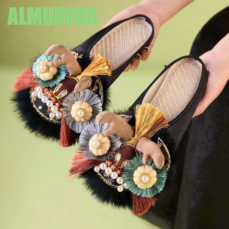 Women’s Chinese-Style Tiger Head Embroidered Slip-On Mules