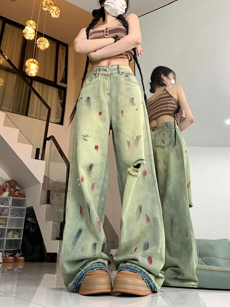 Women’s Retro Paint-Splatter Low-Rise Wide-Leg Jeans