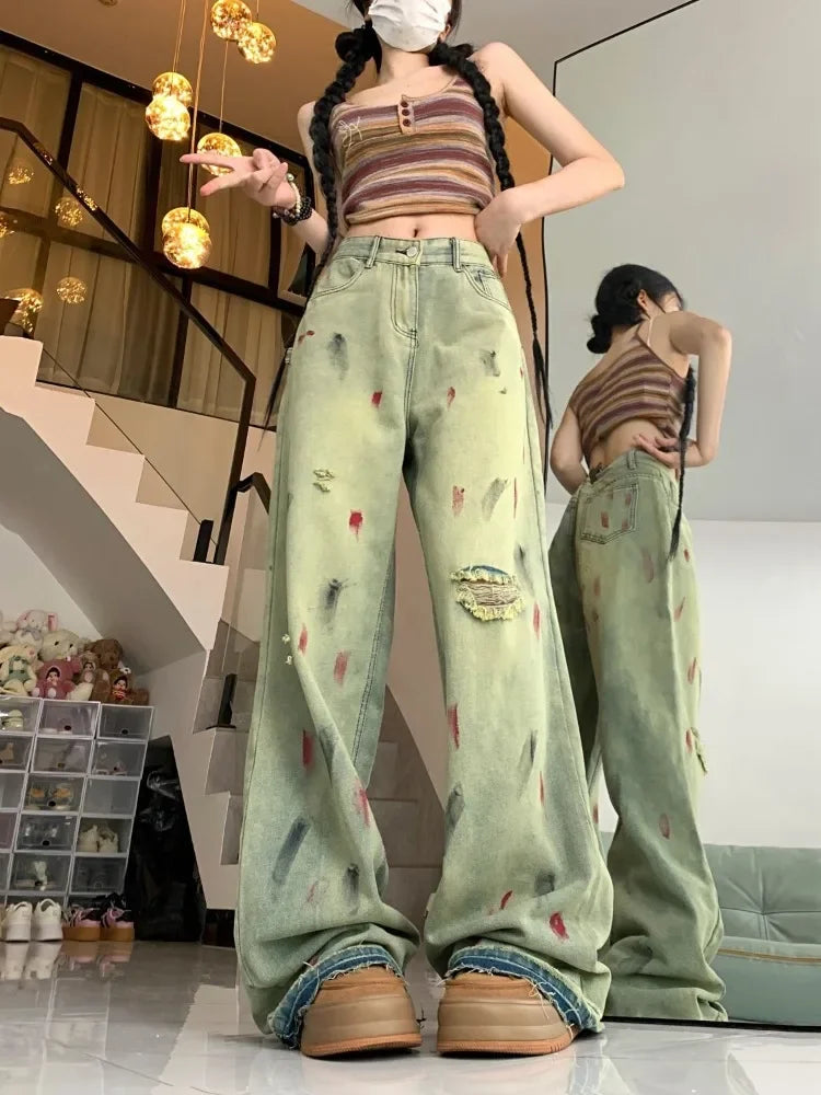 Women’s Retro Paint-Splatter Low-Rise Wide-Leg Jeans